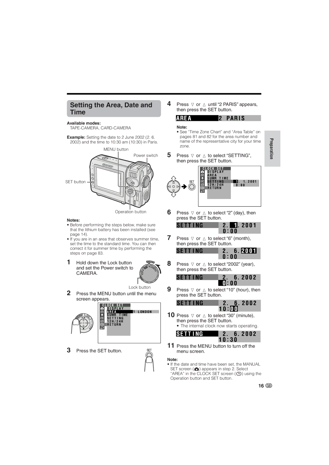 Sharp VL-NZ10S, VL-NZ8S operation manual Setting the Area, Date and Time, RE a, T T I Ng 