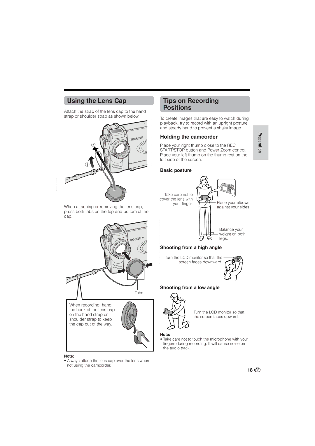 Sharp VL-NZ10S, VL-NZ8S operation manual Using the Lens Cap, Tips on Recording Positions, Holding the camcorder 