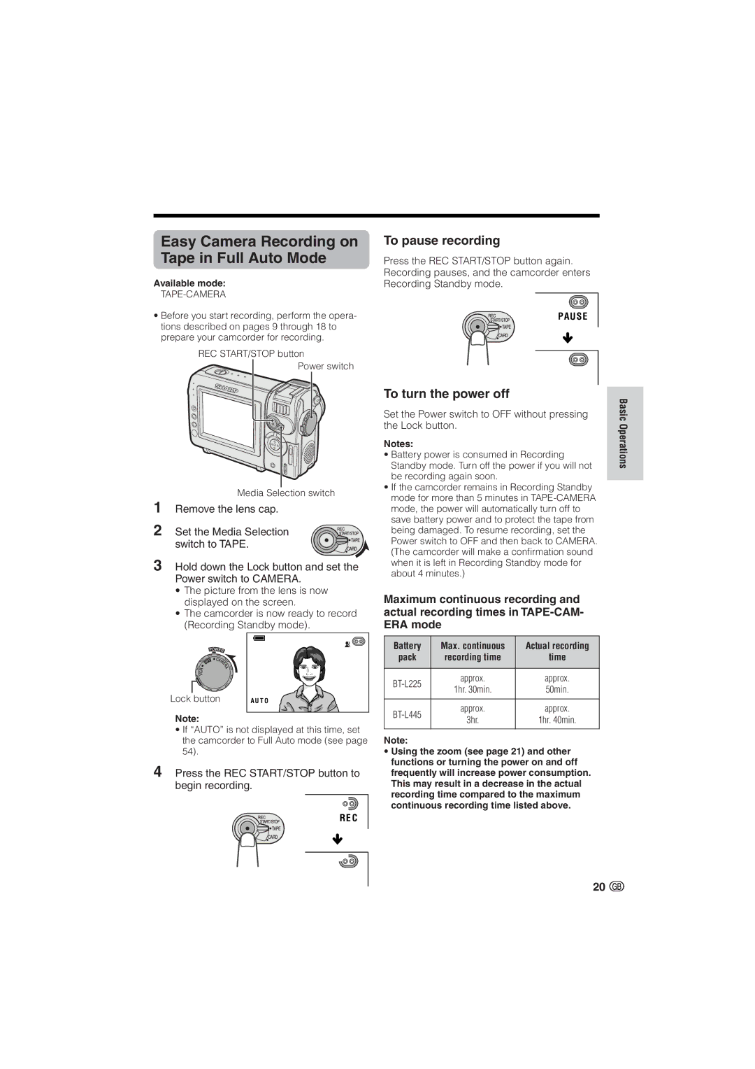 Sharp VL-NZ10S Easy Camera Recording on Tape in Full Auto Mode, To pause recording, To turn the power off, Available mode 