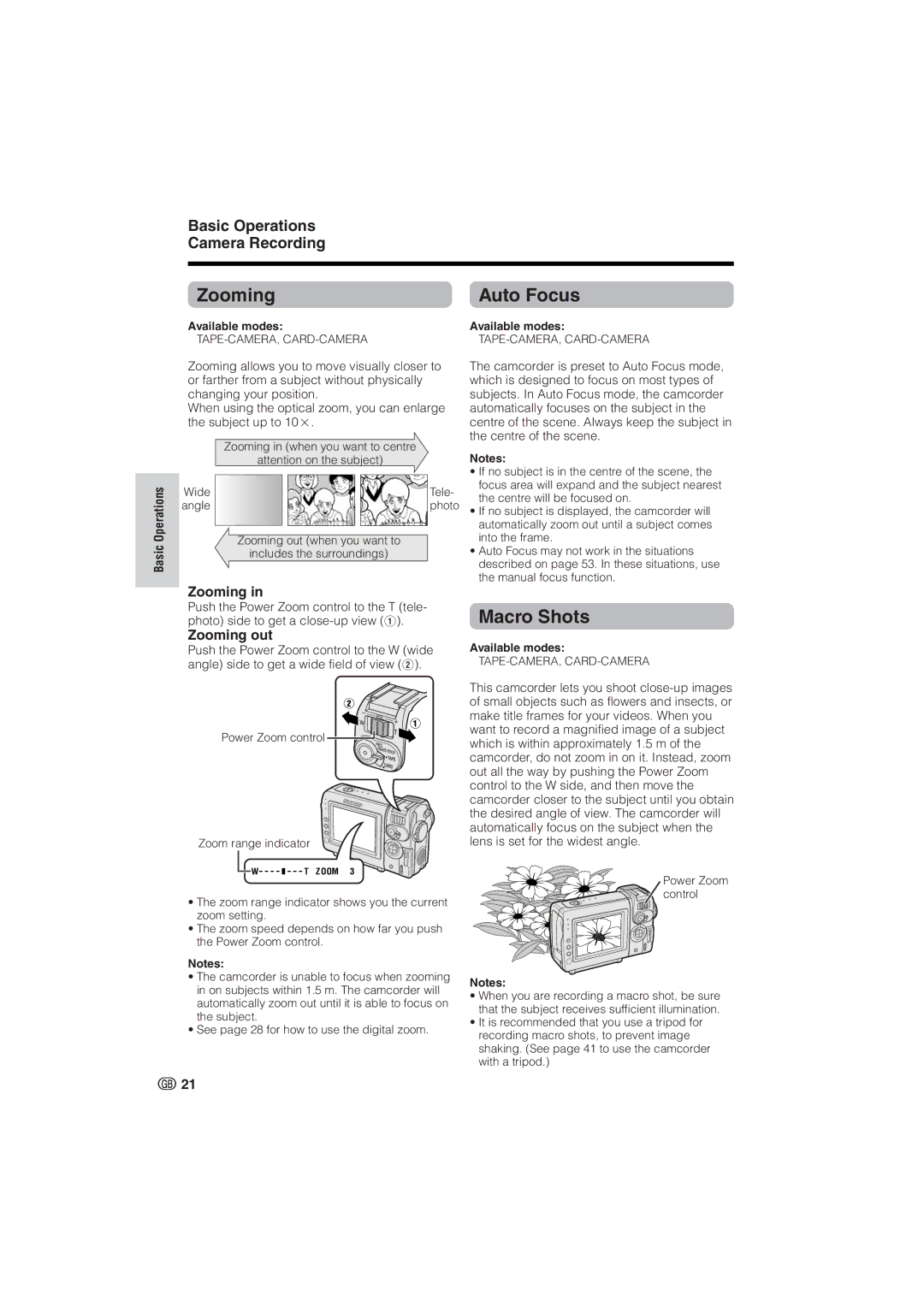 Sharp VL-NZ8S, VL-NZ10S operation manual Zooming, Auto Focus, Macro Shots, Basic Operations Camera Recording 