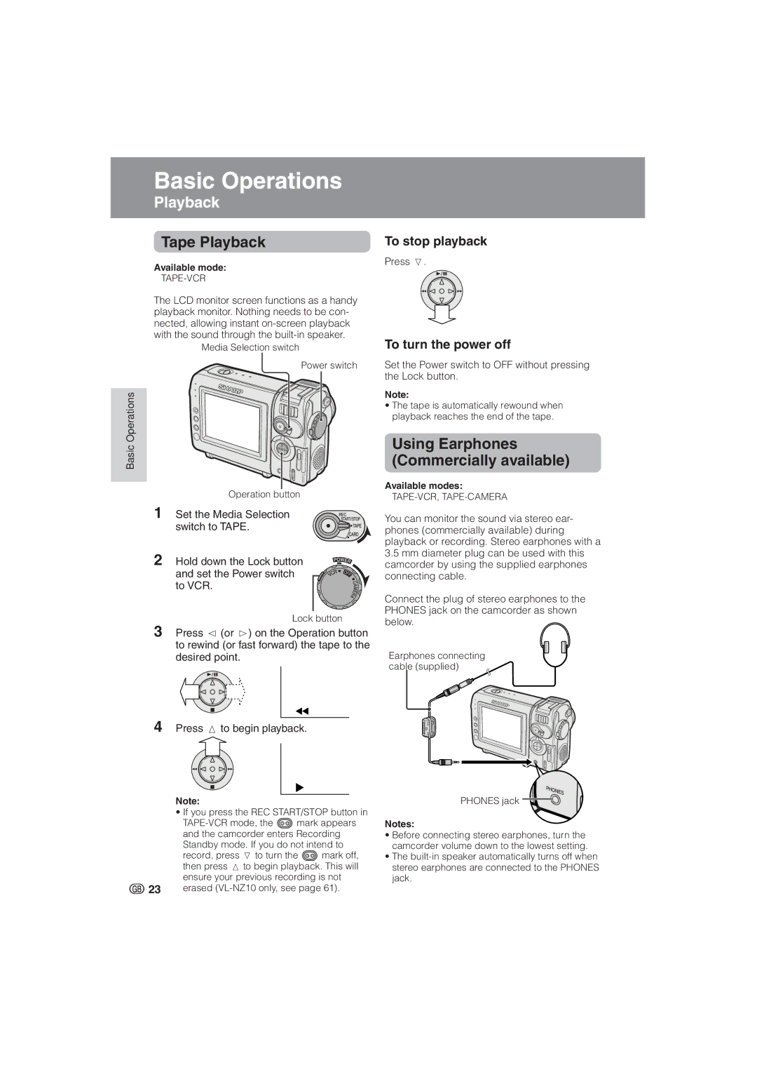 Sharp VL-NZ8S, VL-NZ10S operation manual Basicasic OperationsOperations, Using Earphones Commercially available 