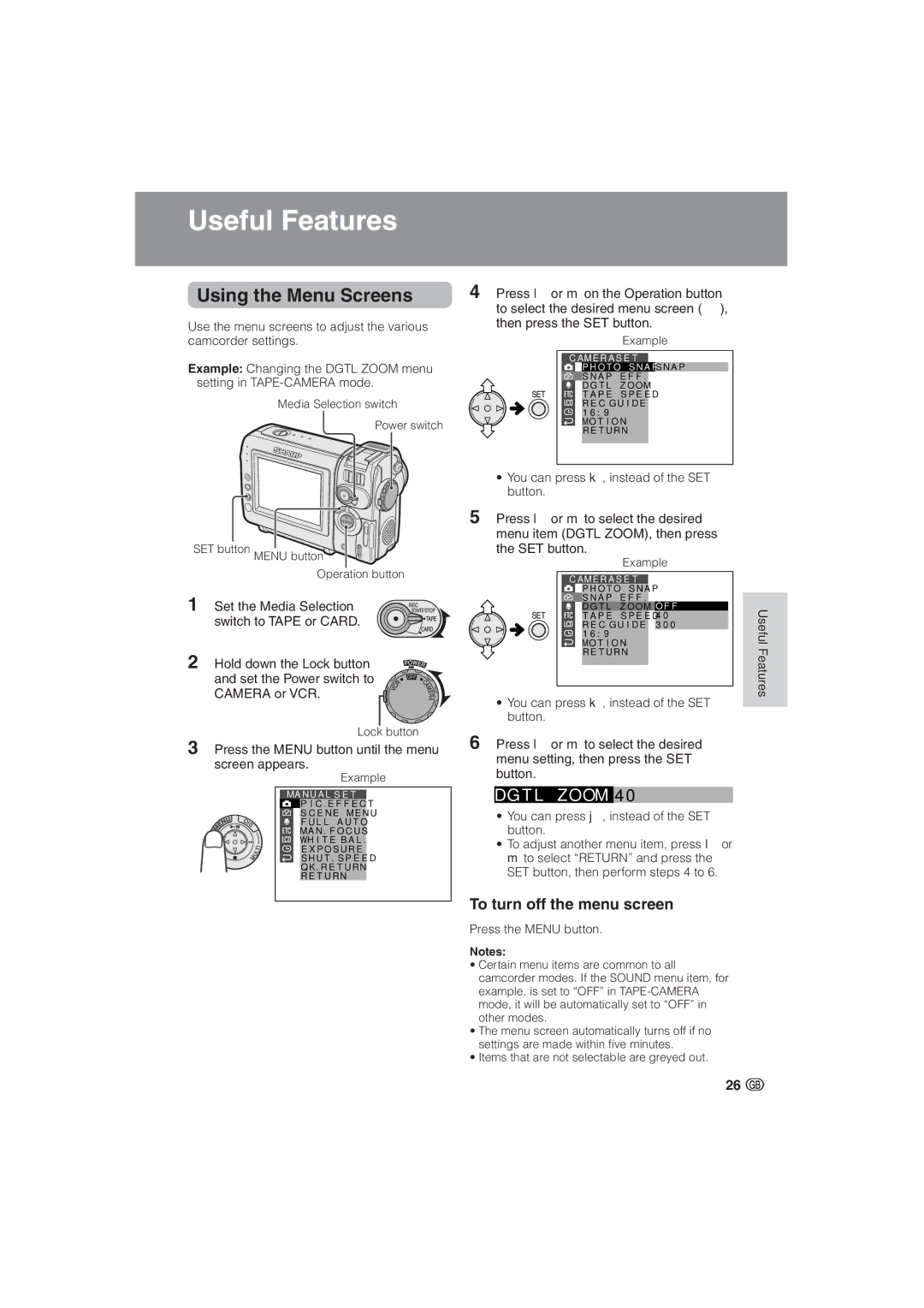 Sharp VL-NZ10S, VL-NZ8S operation manual Using the Menu Screens, To turn off the menu screen, Useful Features, Example 