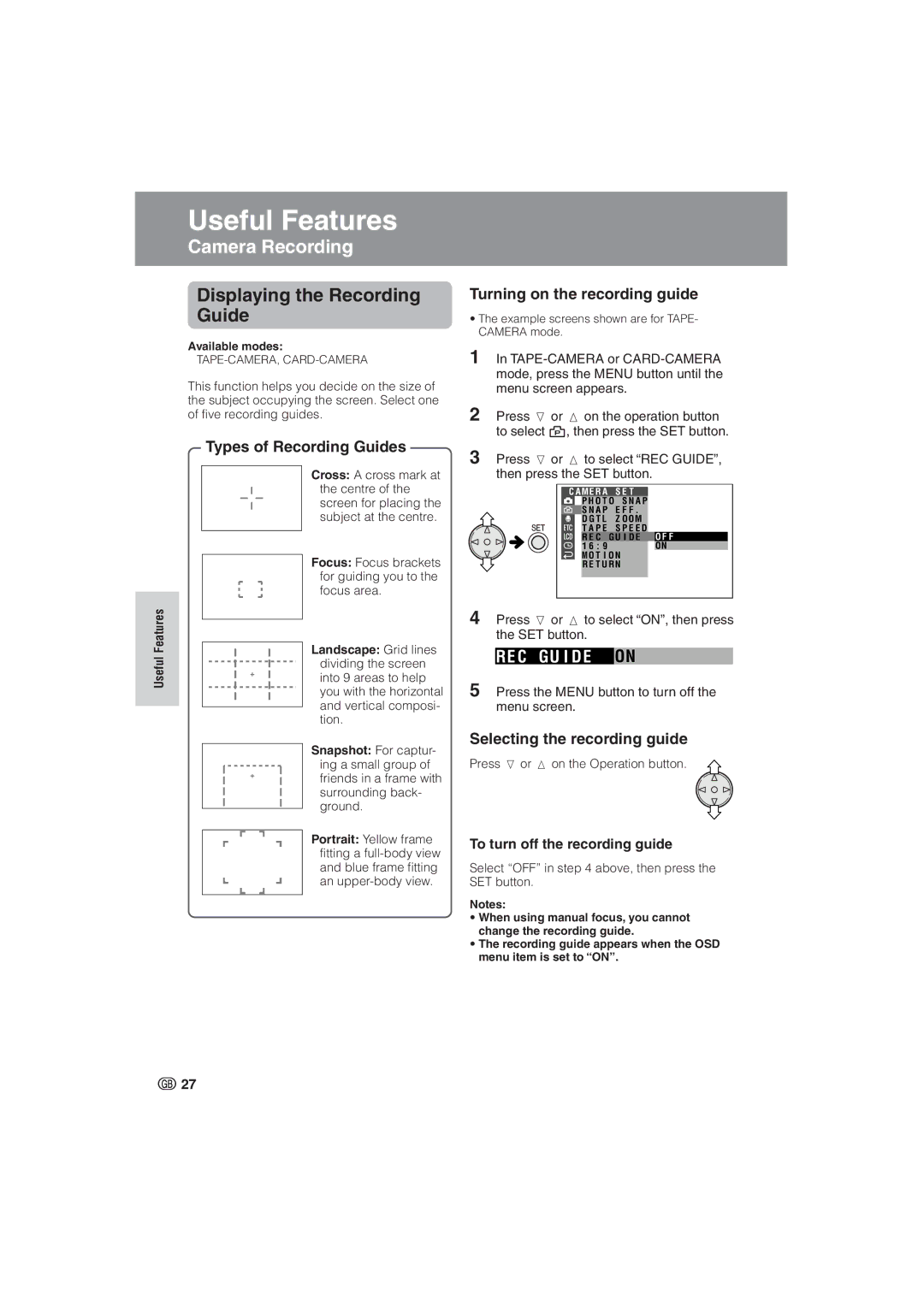 Sharp VL-NZ8S Displaying the Recording Guide, RE C GU I D E on, Types of Recording Guides, Turning on the recording guide 