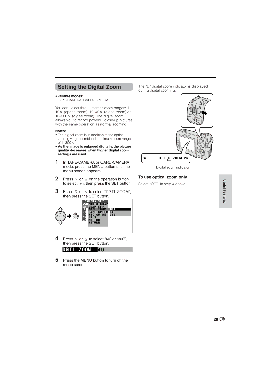 Sharp VL-NZ10S, VL-NZ8S operation manual Setting the Digital Zoom, To use optical zoom only 