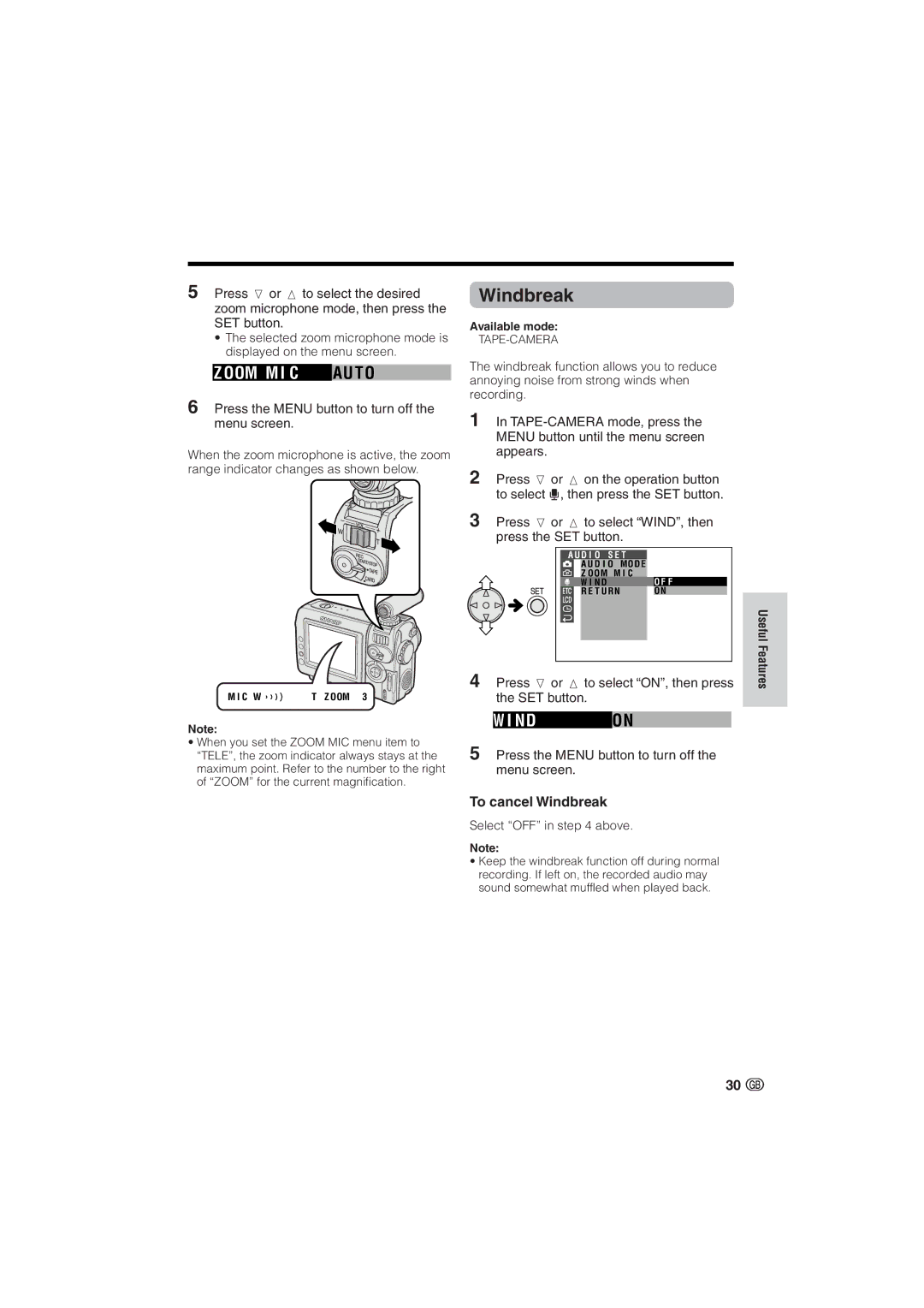 Sharp VL-NZ10S, VL-NZ8S operation manual Oom M I C Au T O, To cancel Windbreak 