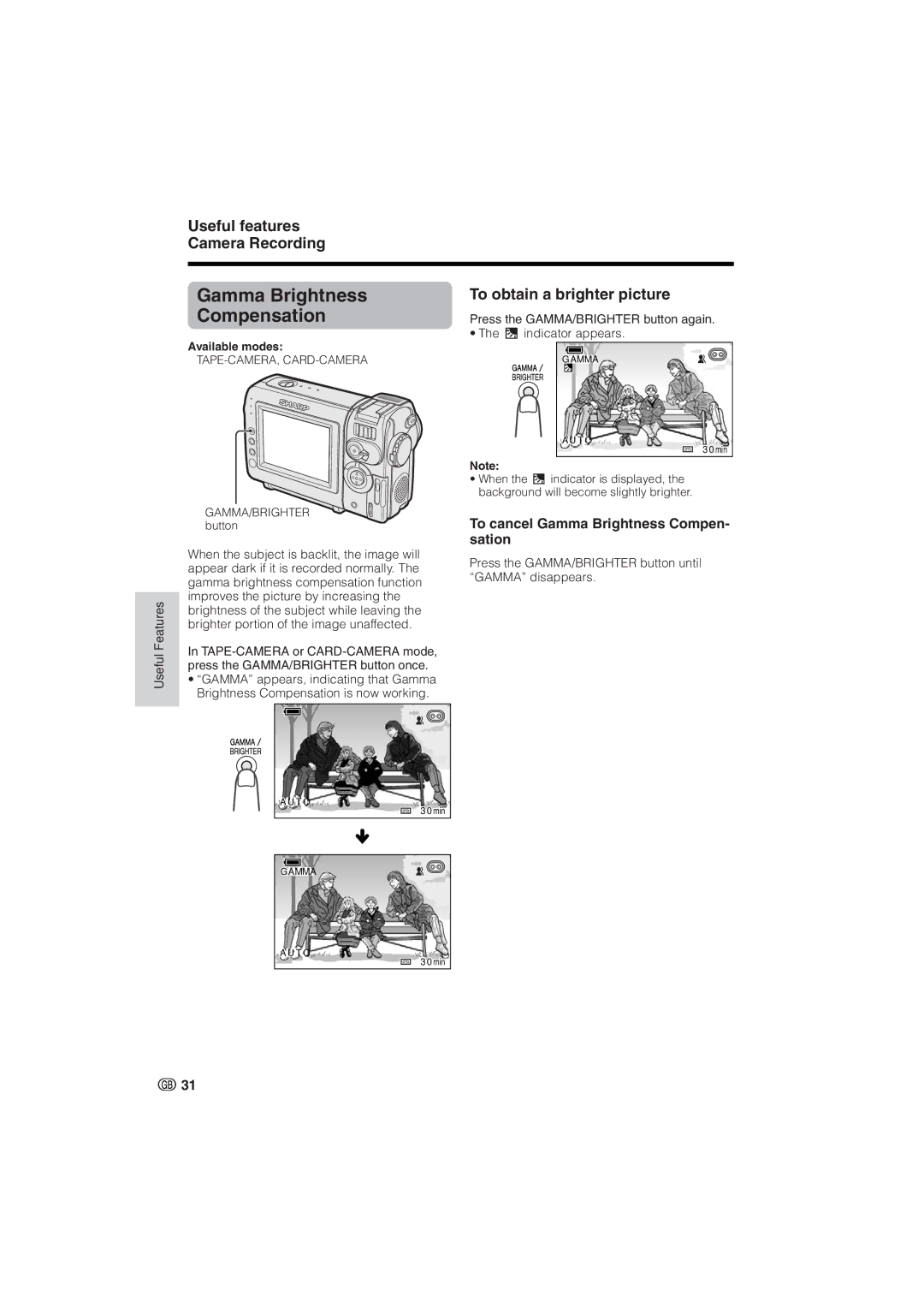 Sharp VL-NZ8S Gamma Brightness Compensation, To obtain a brighter picture, To cancel Gamma Brightness Compen- sation 