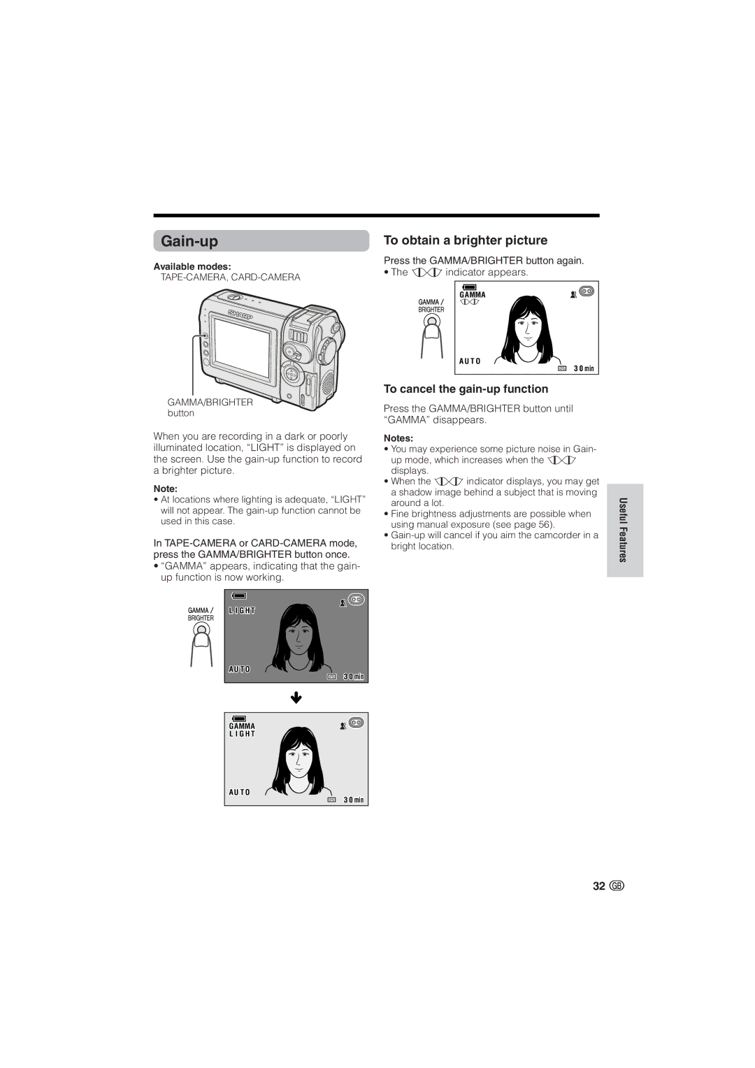 Sharp VL-NZ10S, VL-NZ8S operation manual Gain-up, To cancel the gain-up function 