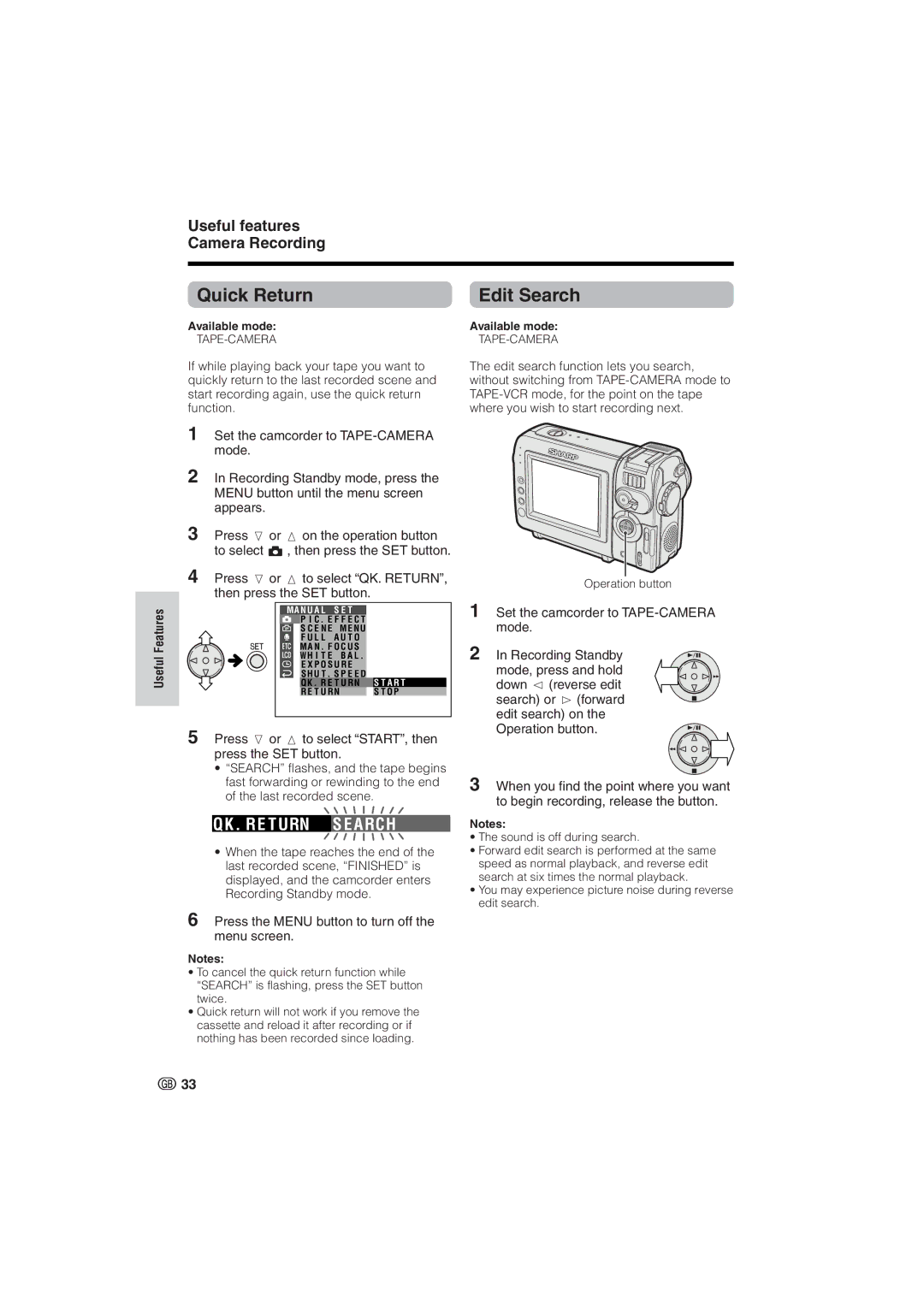 Sharp VL-NZ8S, VL-NZ10S operation manual Quick Return, Edit Search, R E T URN S E a RC H 