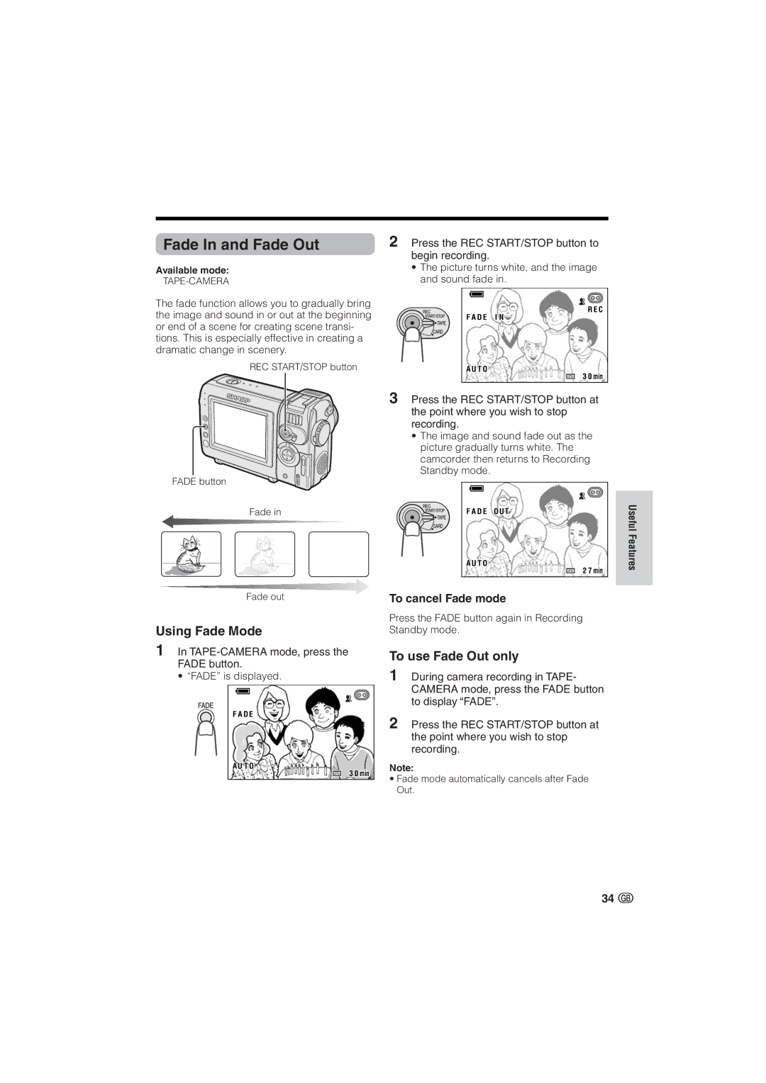 Sharp VL-NZ10S, VL-NZ8S operation manual Fade In and Fade Out, Using Fade Mode, To use Fade Out only, To cancel Fade mode 