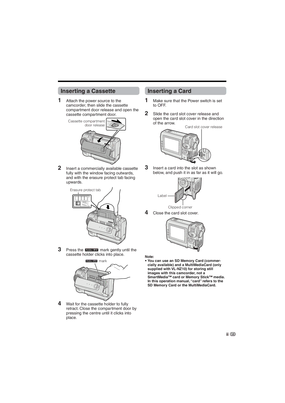 Sharp VL-NZ10S, VL-NZ8S operation manual Inserting a Cassette, Inserting a Card 