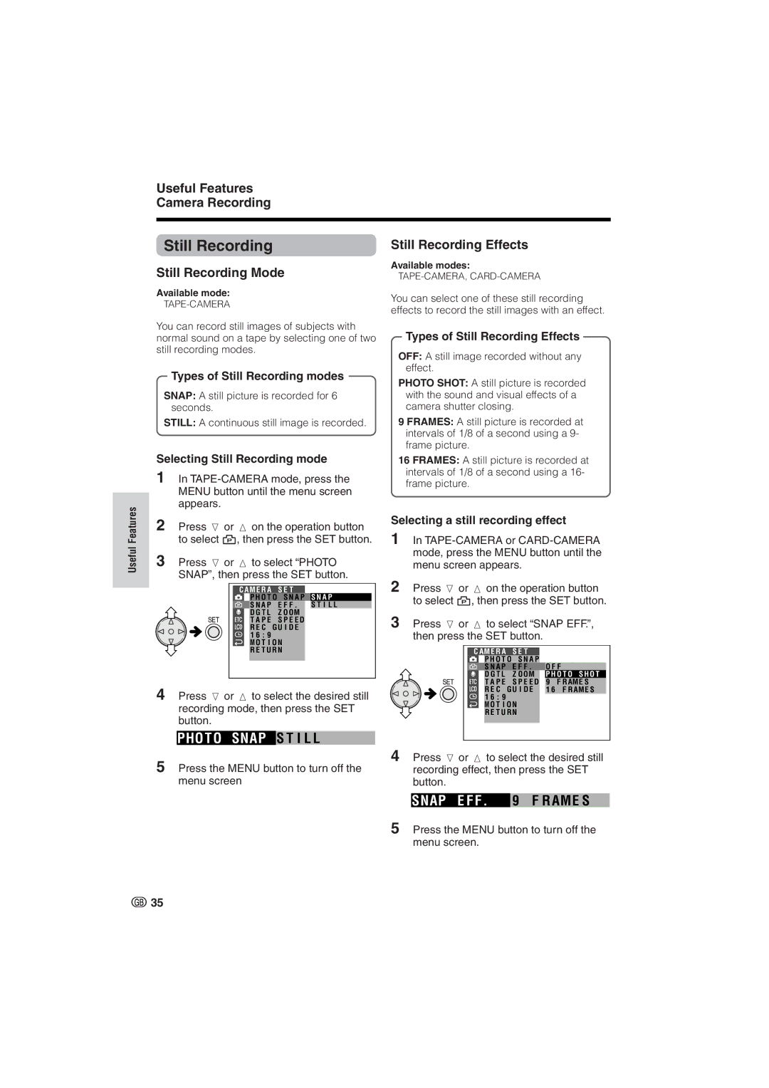 Sharp VL-NZ8S, VL-NZ10S operation manual Snap E F F, Still Recording Mode, Still Recording Effects 