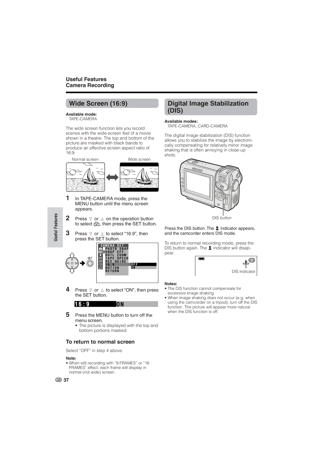 Sharp VL-NZ8S, VL-NZ10S operation manual Wide Screen, Digital Image Stabilization DIS, To return to normal screen 