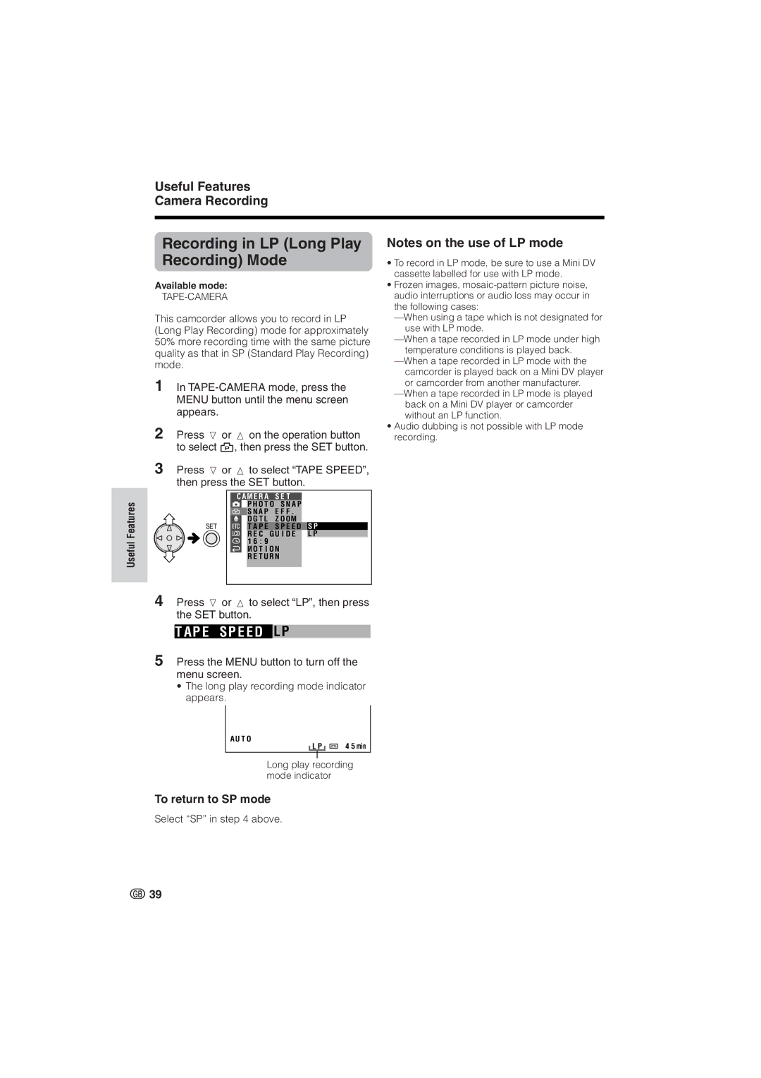 Sharp VL-NZ8S, VL-NZ10S operation manual Recording in LP Long Play Recording Mode, P E S P E E D L P, To return to SP mode 