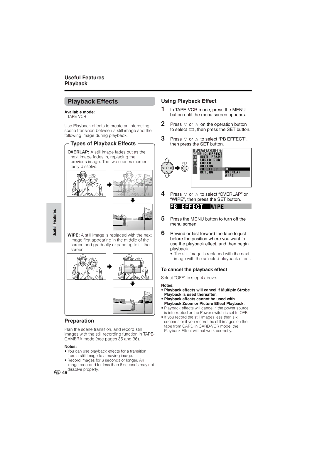 Sharp VL-NZ8S E F F E C T Wi P E, Using Playback Effect, Types of Playback Effects, To cancel the playback effect 