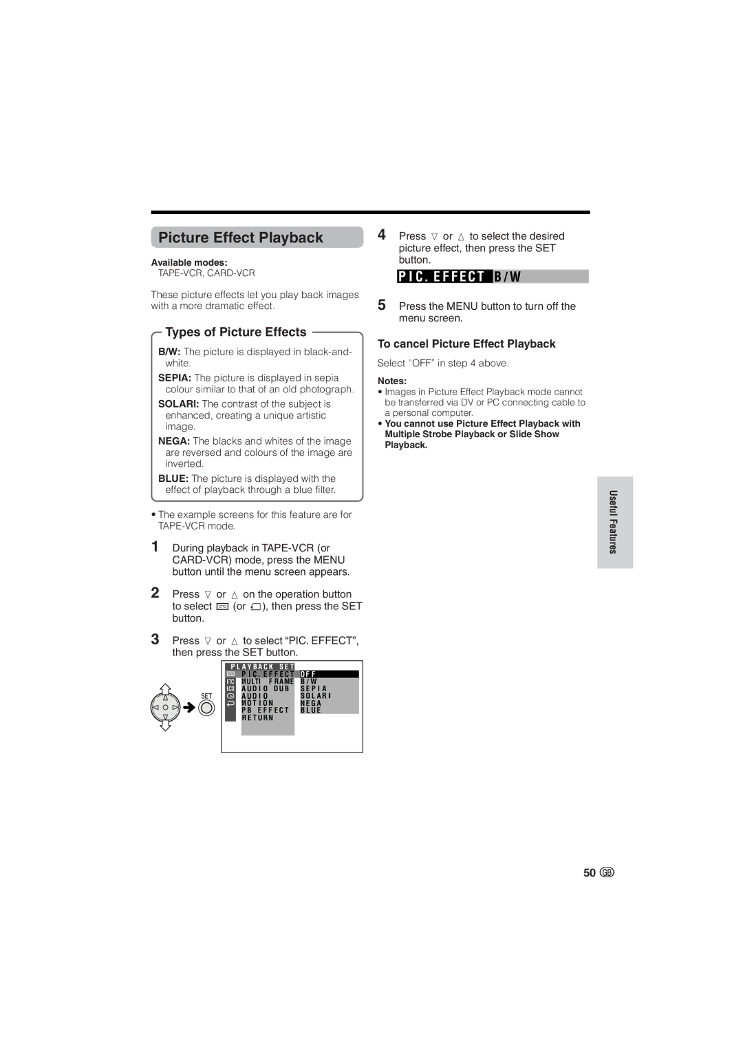 Sharp VL-NZ10S, VL-NZ8S operation manual Types of Picture Effects, To cancel Picture Effect Playback 