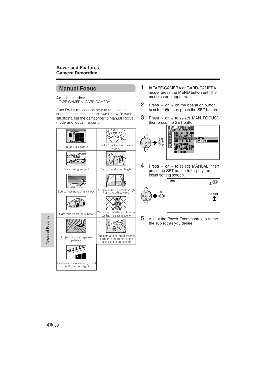 Sharp VL-NZ8S, VL-NZ10S operation manual Manual Focus, Advanced Features Camera Recording 