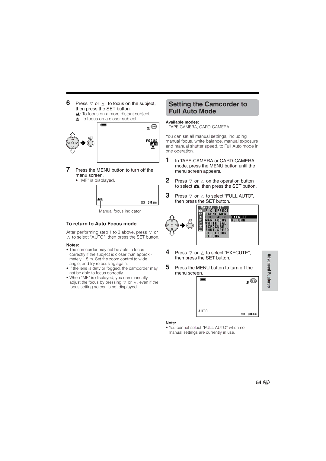 Sharp VL-NZ10S, VL-NZ8S operation manual Setting the Camcorder to Full Auto Mode, To return to Auto Focus mode 