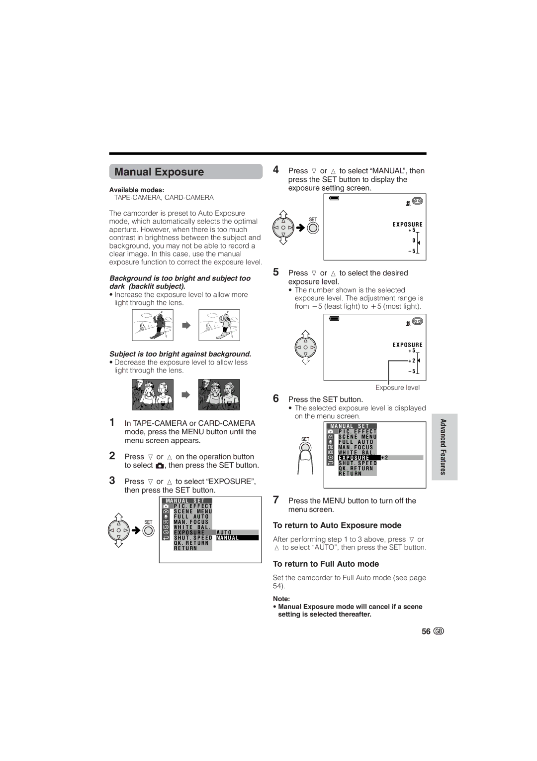 Sharp VL-NZ10S, VL-NZ8S operation manual Manual Exposure, To return to Auto Exposure mode 