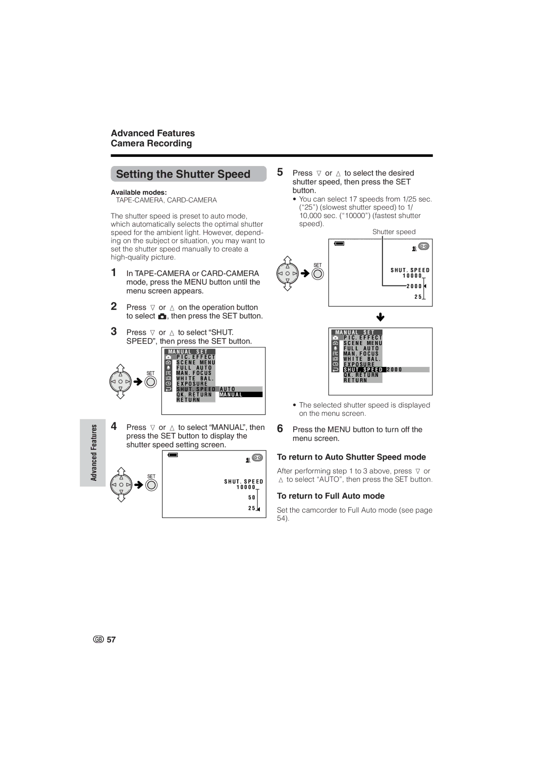 Sharp VL-NZ8S, VL-NZ10S operation manual Setting the Shutter Speed, To return to Auto Shutter Speed mode, Features 