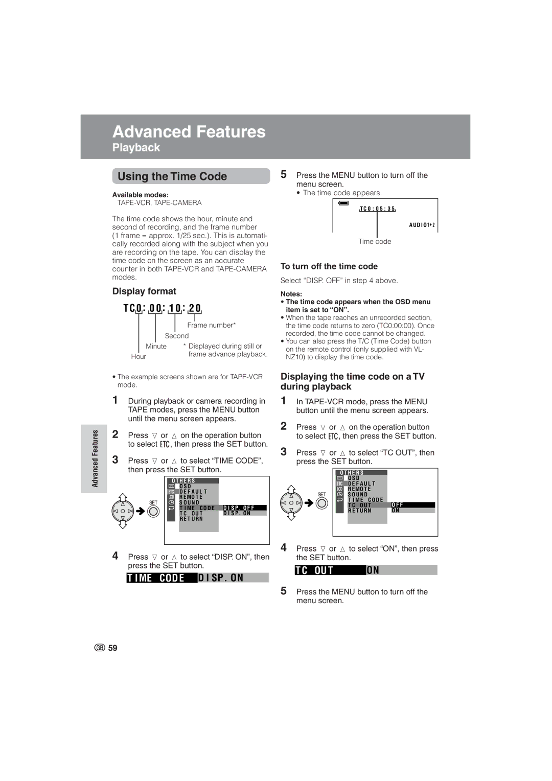 Sharp VL-NZ8S, VL-NZ10S Using the Time Code, Display format, Displaying the time code on a TV during playback 