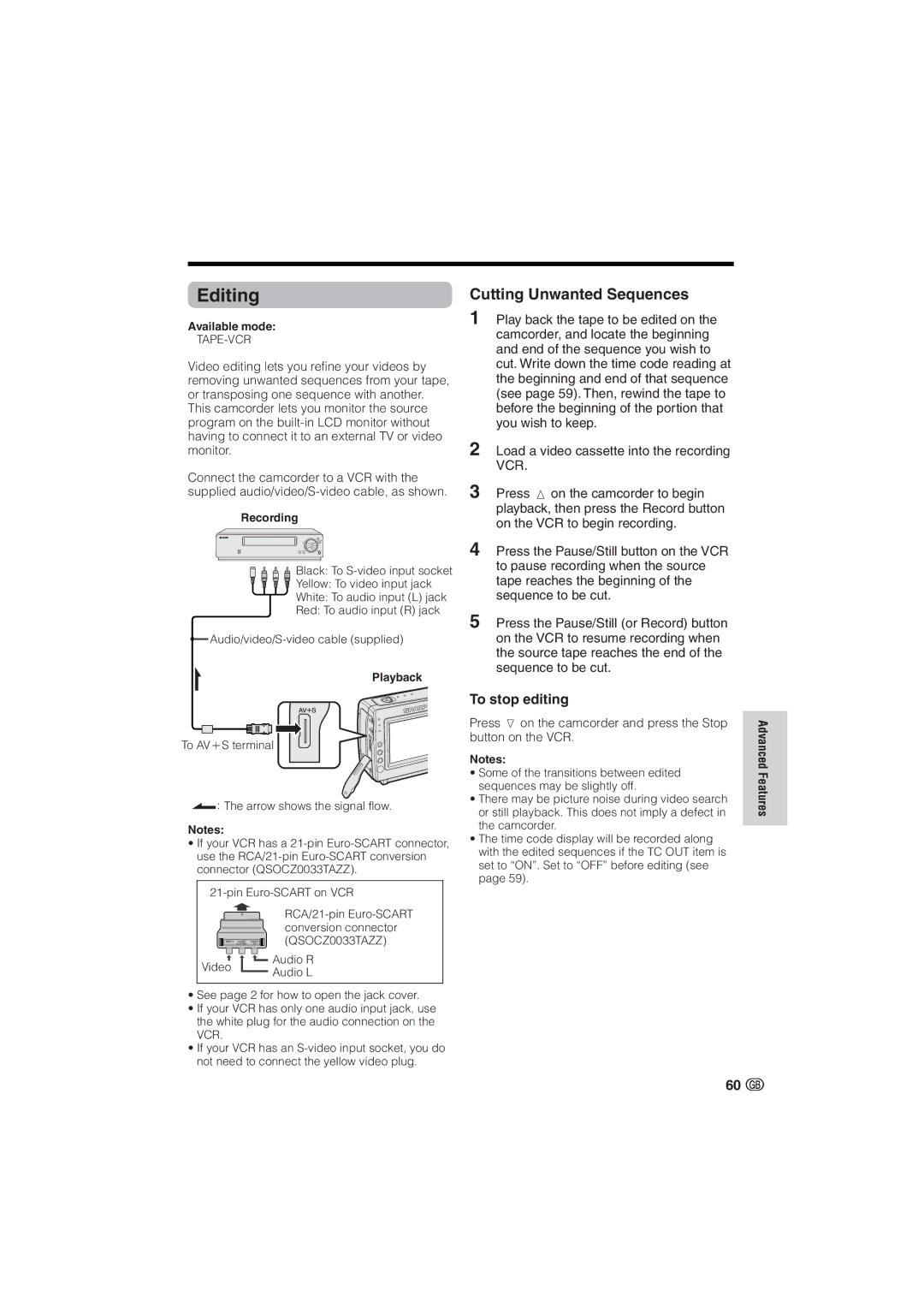 Sharp VL-NZ10S, VL-NZ8S operation manual Editing, Cutting Unwanted Sequences, To stop editing, Recording, Playback 