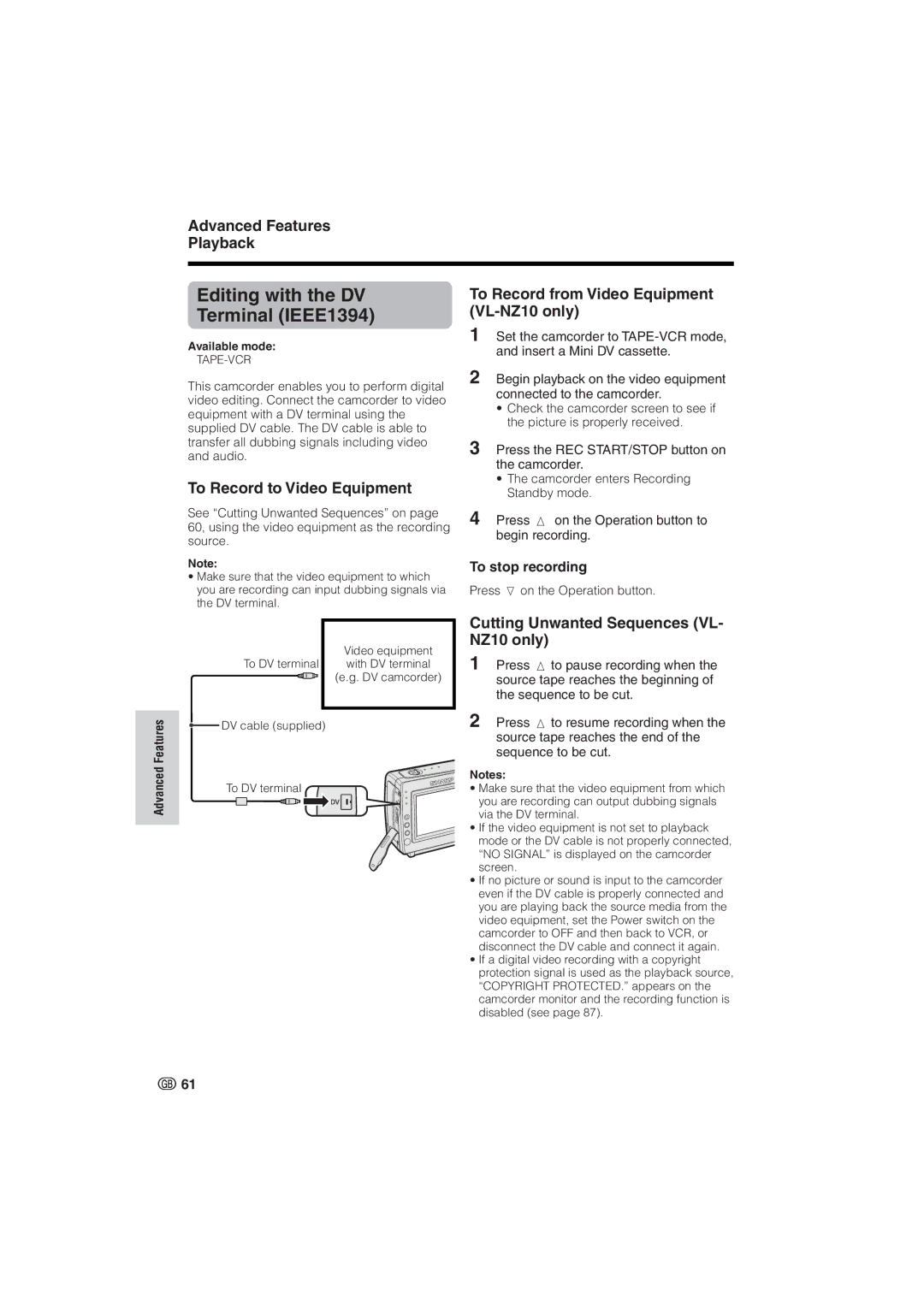 Sharp VL-NZ8S, VL-NZ10S operation manual Editing with the DV, Terminal IEEE1394 