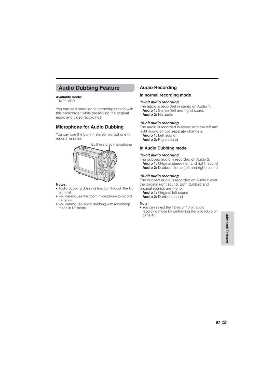 Sharp VL-NZ10S, VL-NZ8S Audio Dubbing Feature, Microphone for Audio Dubbing, Audio Recording, Normal recording mode 