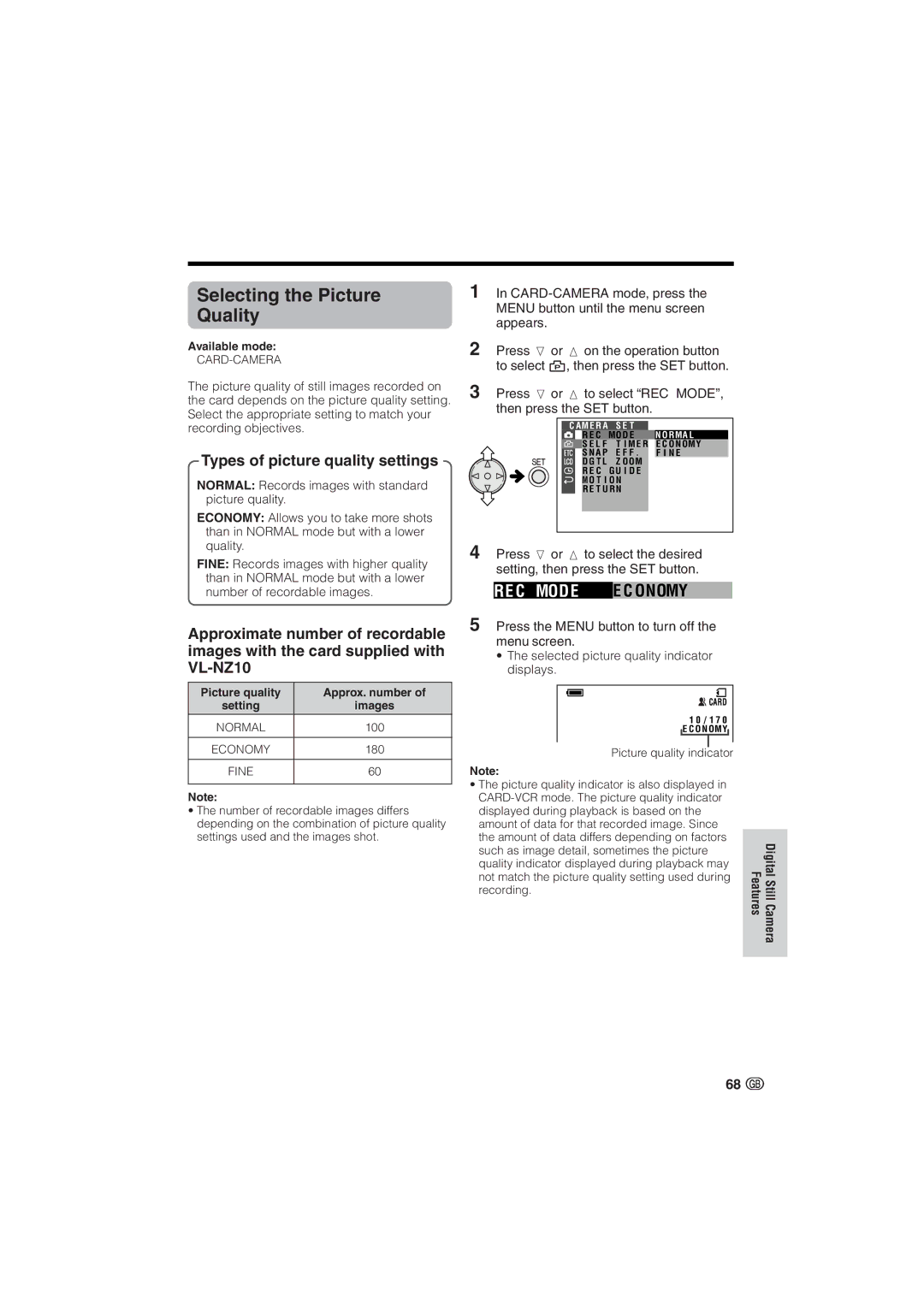 Sharp VL-NZ10S, VL-NZ8S Selecting the Picture Quality, RE C MOD E E C Onomy, Types of picture quality settings 