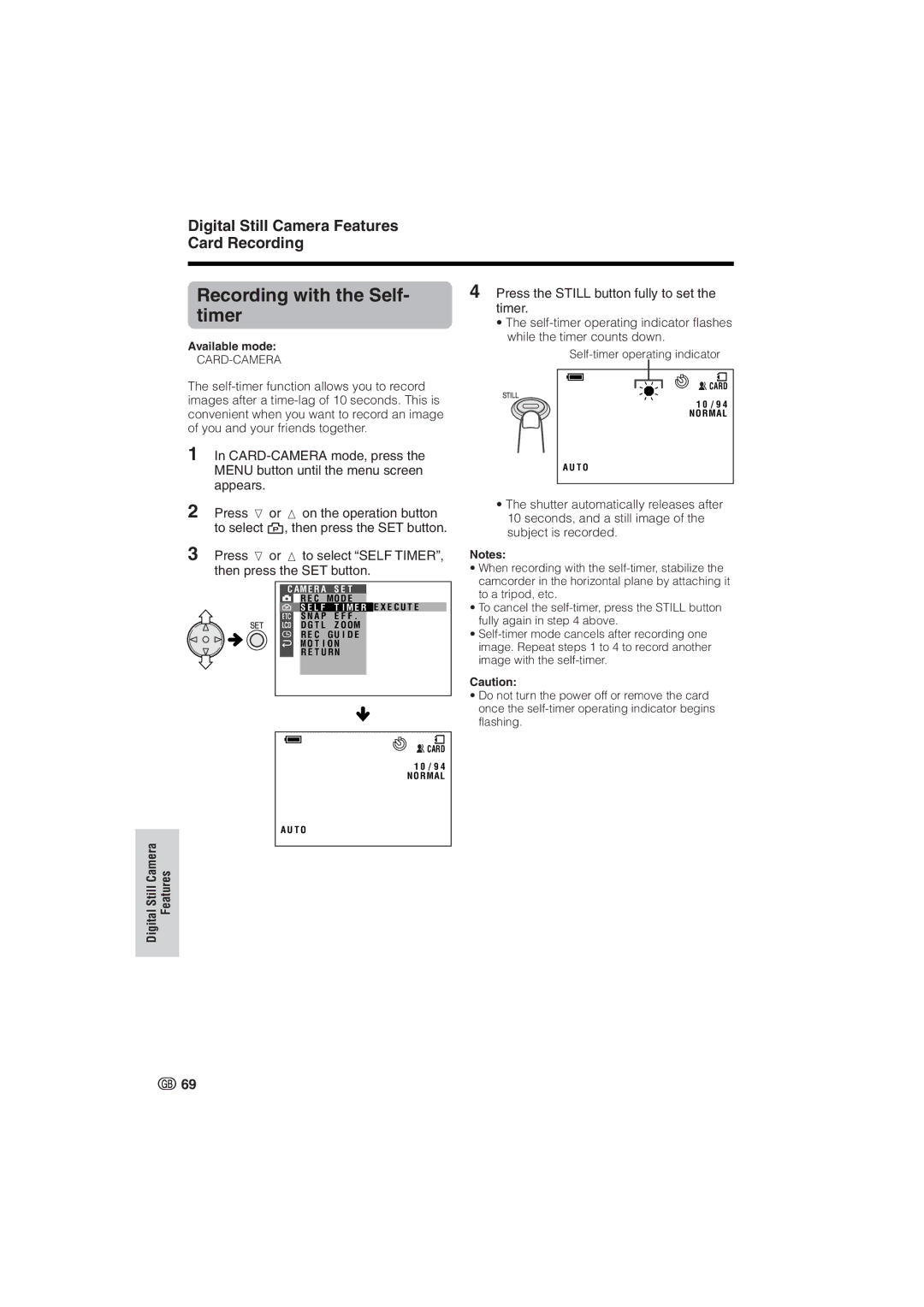 Sharp VL-NZ8S, VL-NZ10S operation manual Recording with the Self, Timer, Digital Still Camera Features Card Recording 