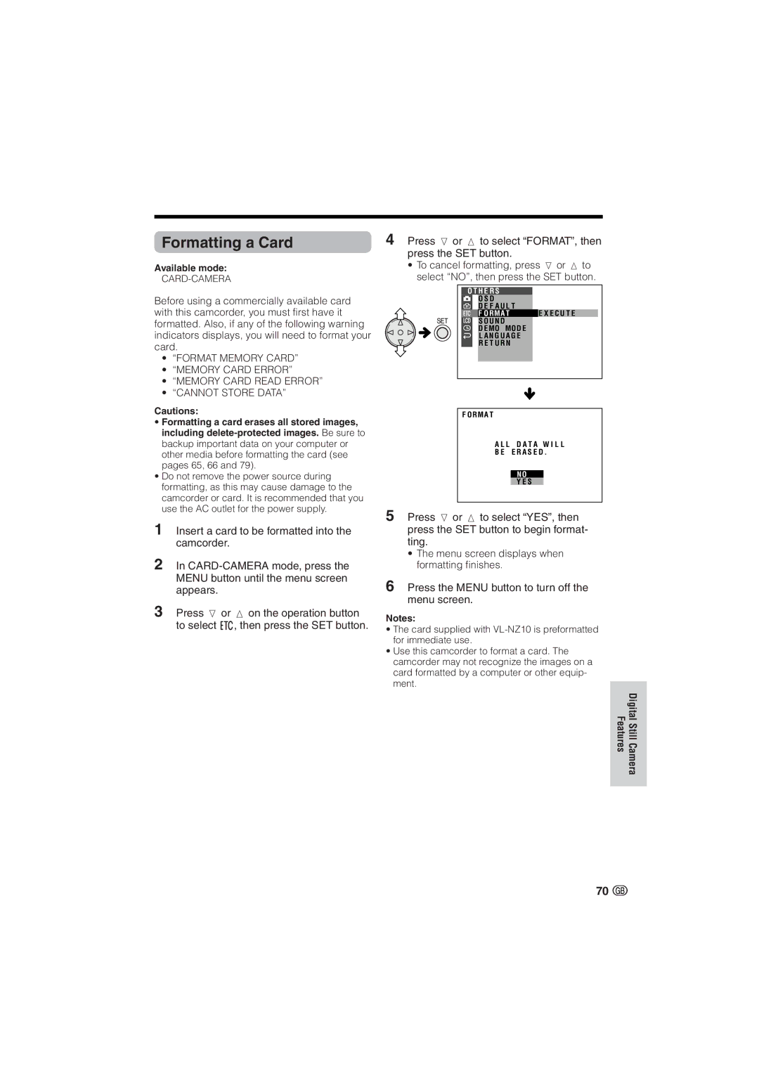 Sharp VL-NZ10S, VL-NZ8S operation manual Formatting a Card, Camera 