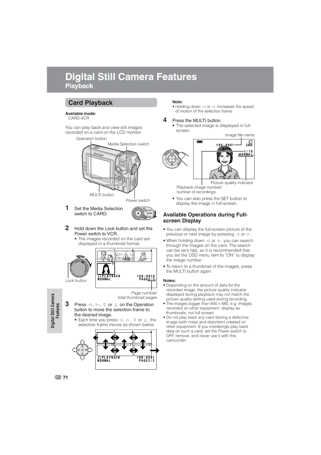 Sharp VL-NZ8S Digitaligital Still CameraStillFeaturesCamera Features, Available Operations during Full- screen Display 