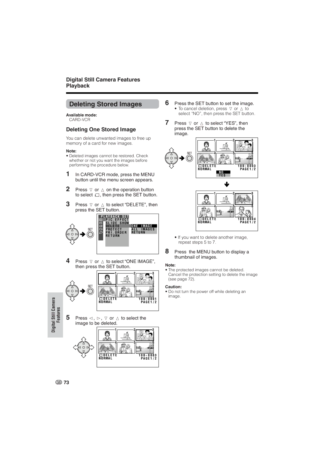 Sharp VL-NZ8S, VL-NZ10S Deleting Stored Images, Digital Still Camera Features Playback, Deleting One Stored Image 