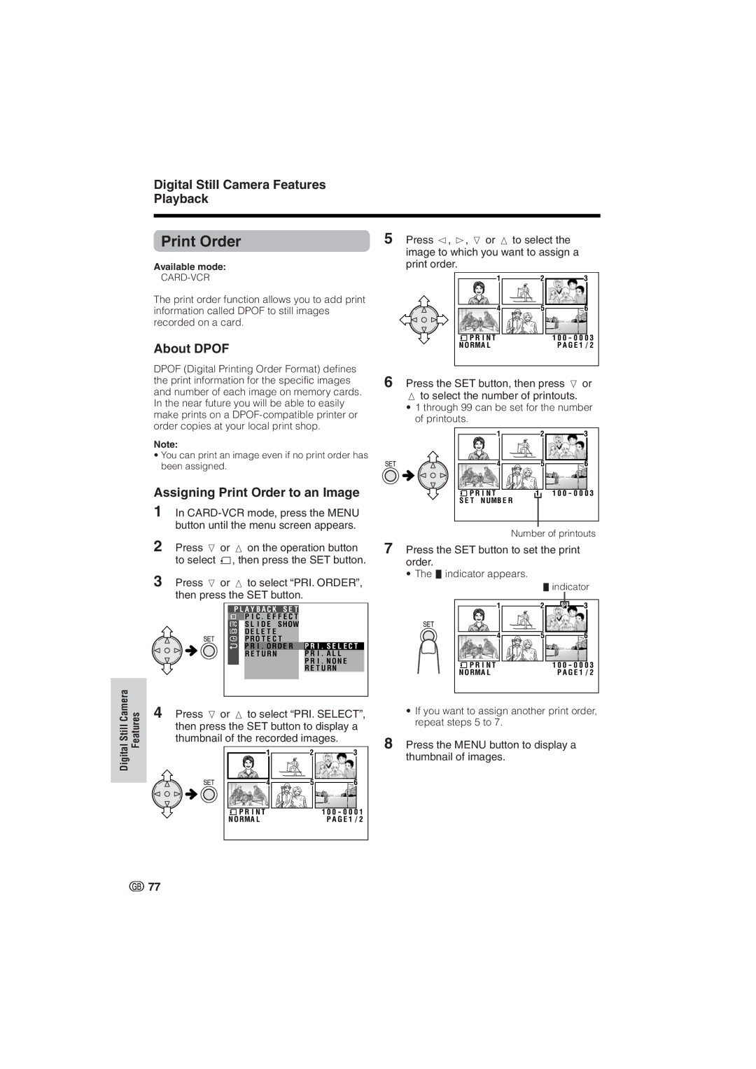 Sharp VL-NZ8S, VL-NZ10S operation manual About Dpof, Assigning Print Order to an Image 