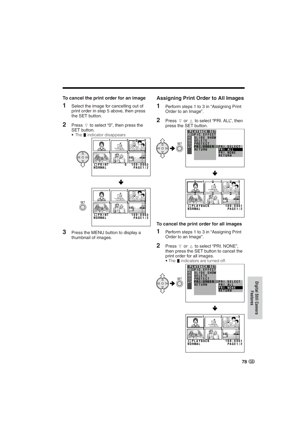 Sharp VL-NZ10S, VL-NZ8S operation manual Assigning Print Order to All Images, To cancel the print order for an image 