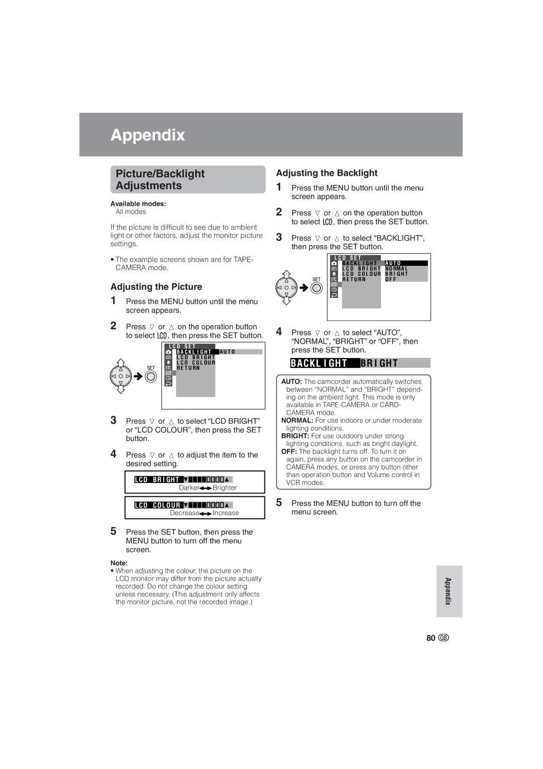 Sharp VL-NZ10S, VL-NZ8S Picture/Backlight Adjustments, Adjusting the Picture, Adjusting the Backlight, Appendix 