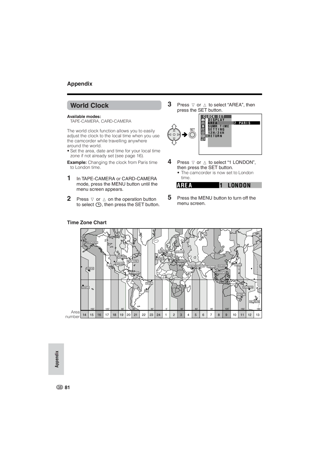 Sharp VL-NZ8S, VL-NZ10S operation manual World Clock, RE a London, Appendix, Time Zone Chart 