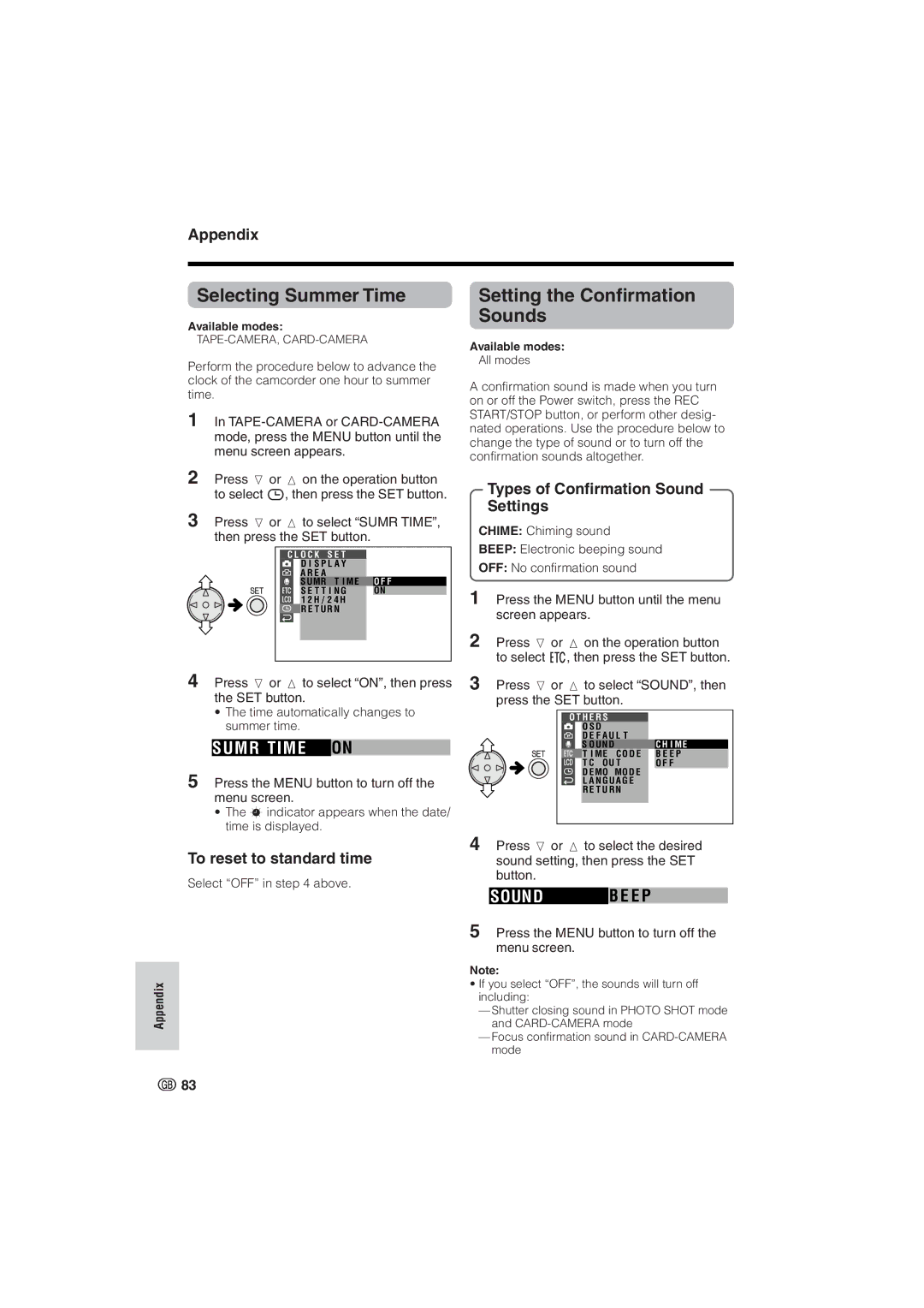 Sharp VL-NZ8S, VL-NZ10S Selecting Summer Time, Setting the Confirmation Sounds, Types of Confirmation Sound Settings 