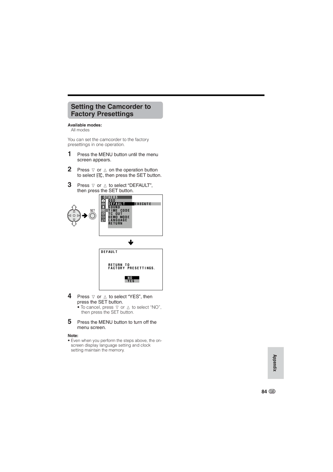 Sharp VL-NZ10S, VL-NZ8S operation manual Setting the Camcorder to Factory Presettings, H E R S Fault E X E C U T E 