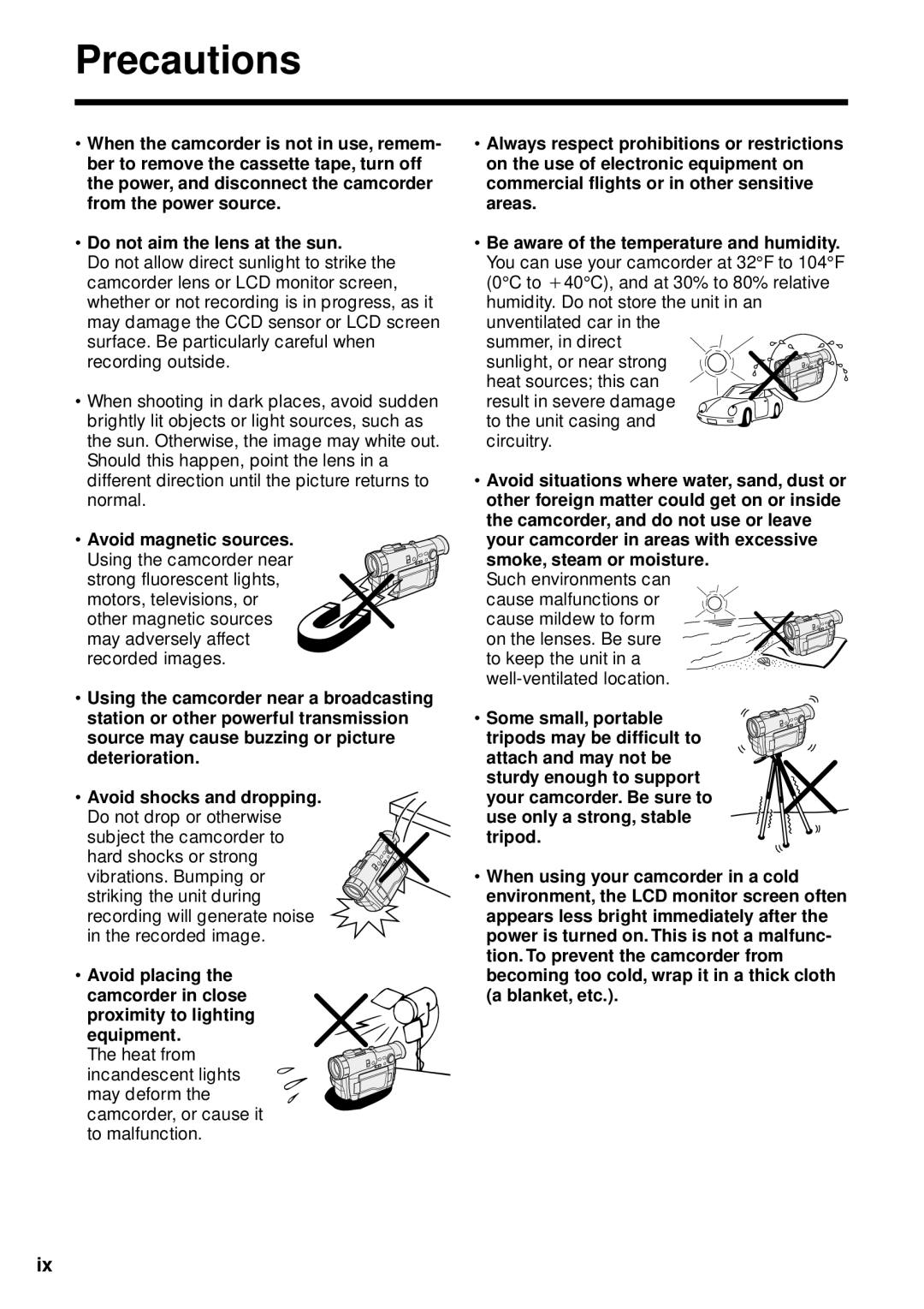 Sharp VL-WD250U operation manual Precautions, Do not aim the lens at the sun 