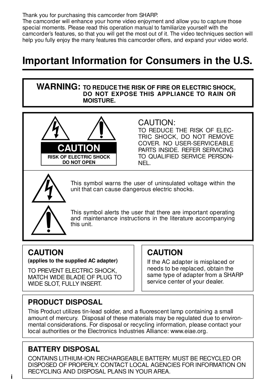 Sharp VL-WD250U operation manual Thank you for purchasing this camcorder from Sharp, Applies to the supplied AC adapter 