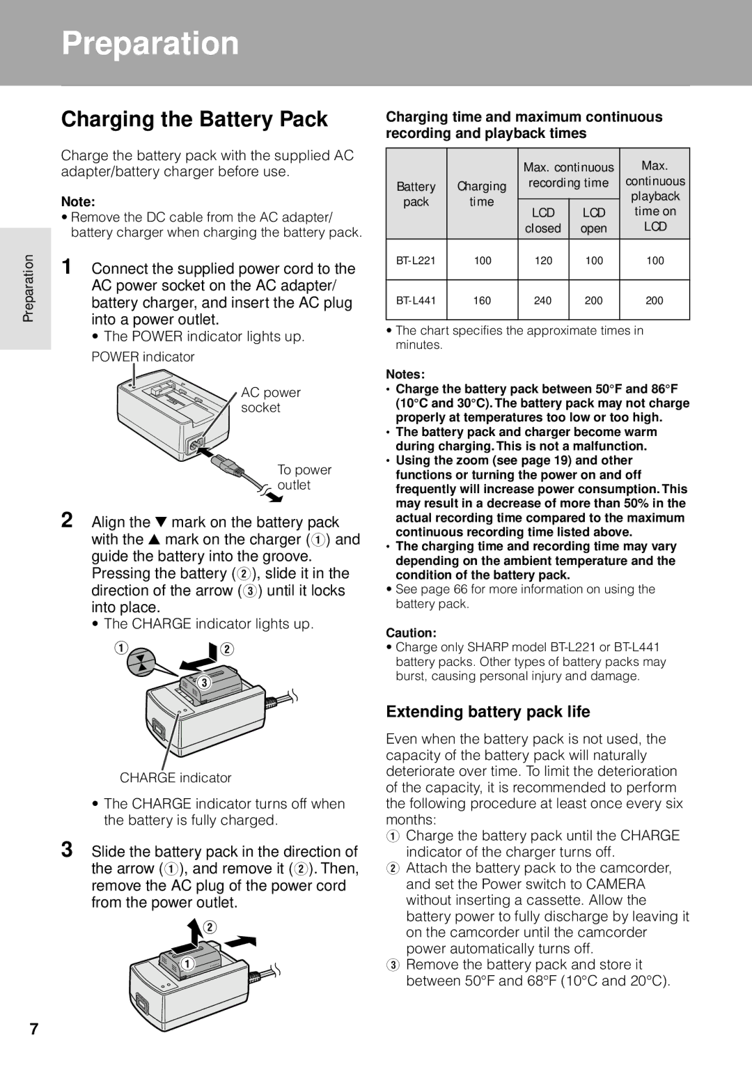 Sharp VL-WD250U operation manual Preparationreparation, Extending battery pack life 