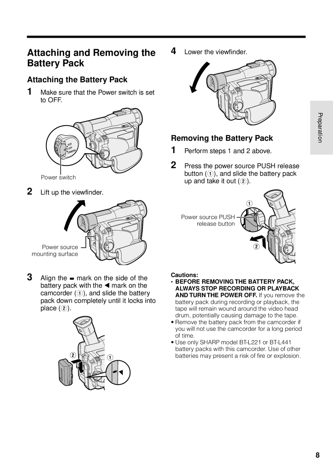 Sharp VL-WD250U operation manual Attaching and Removing the Battery Pack, Attaching the Battery Pack 