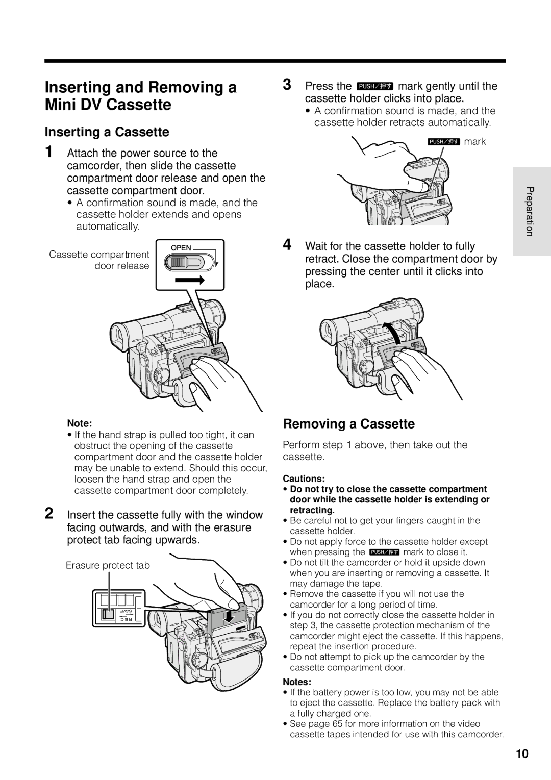 Sharp VL-WD250U operation manual Inserting and Removing a Mini DV Cassette, Inserting a Cassette, Removing a Cassette 