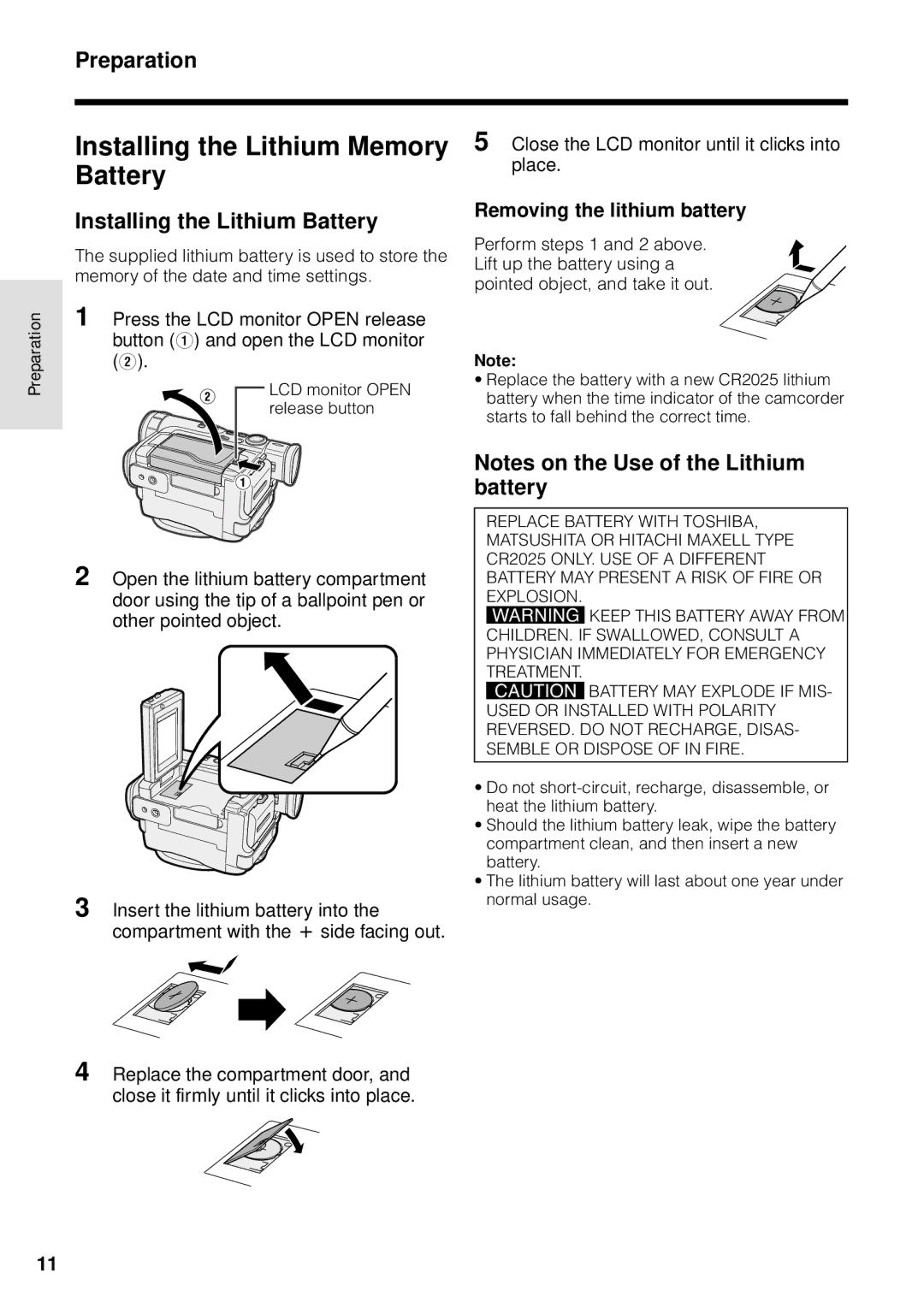 Sharp VL-WD250U Installing the Lithium Memory Battery, Installing the Lithium Battery, Removing the lithium battery 