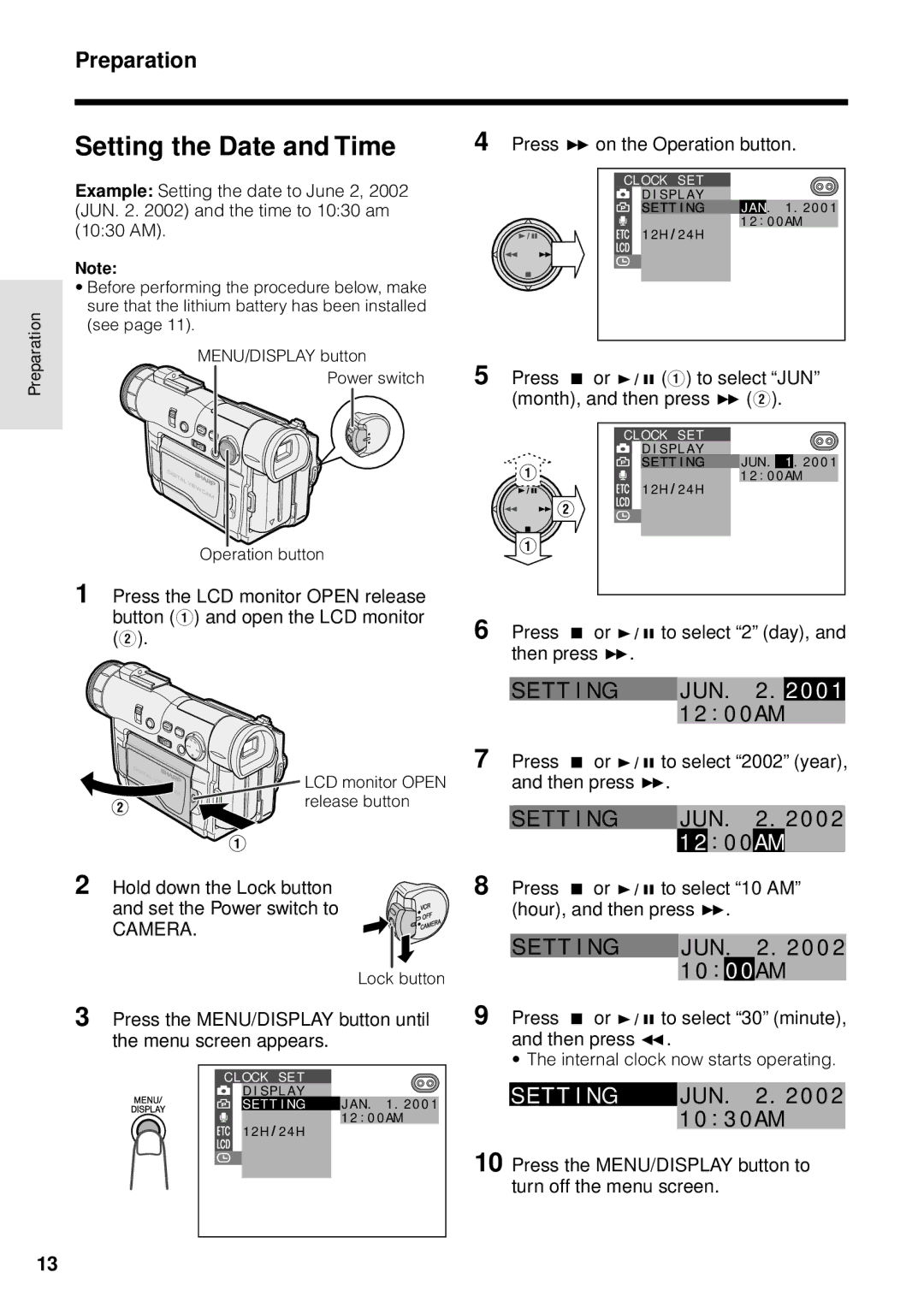 Sharp VL-WD250U operation manual Setting the Date and Time, T T I Ng, 0 0 AM 