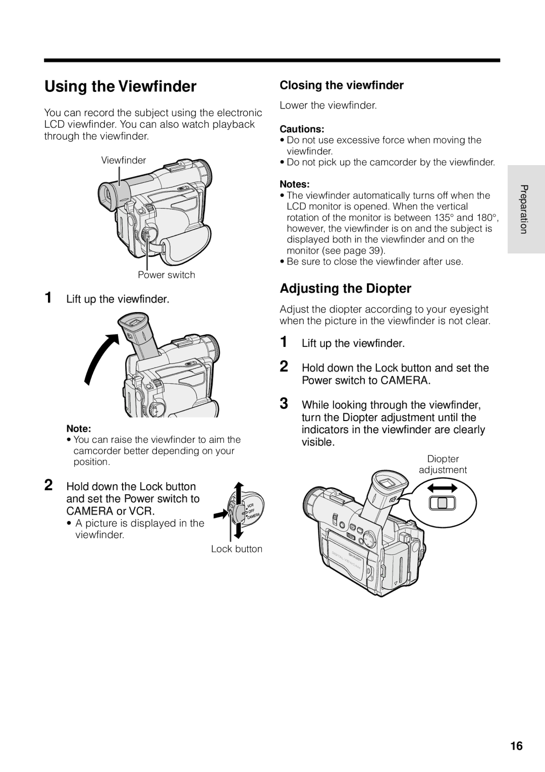 Sharp VL-WD250U operation manual Using the Viewfinder, Adjusting the Diopter, Closing the viewfinder 