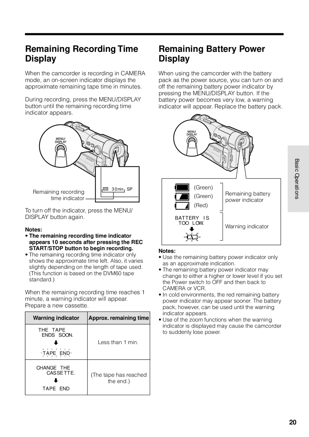 Sharp VL-WD250U operation manual Remaining Recording Time Display, Remaining Battery Power Display 