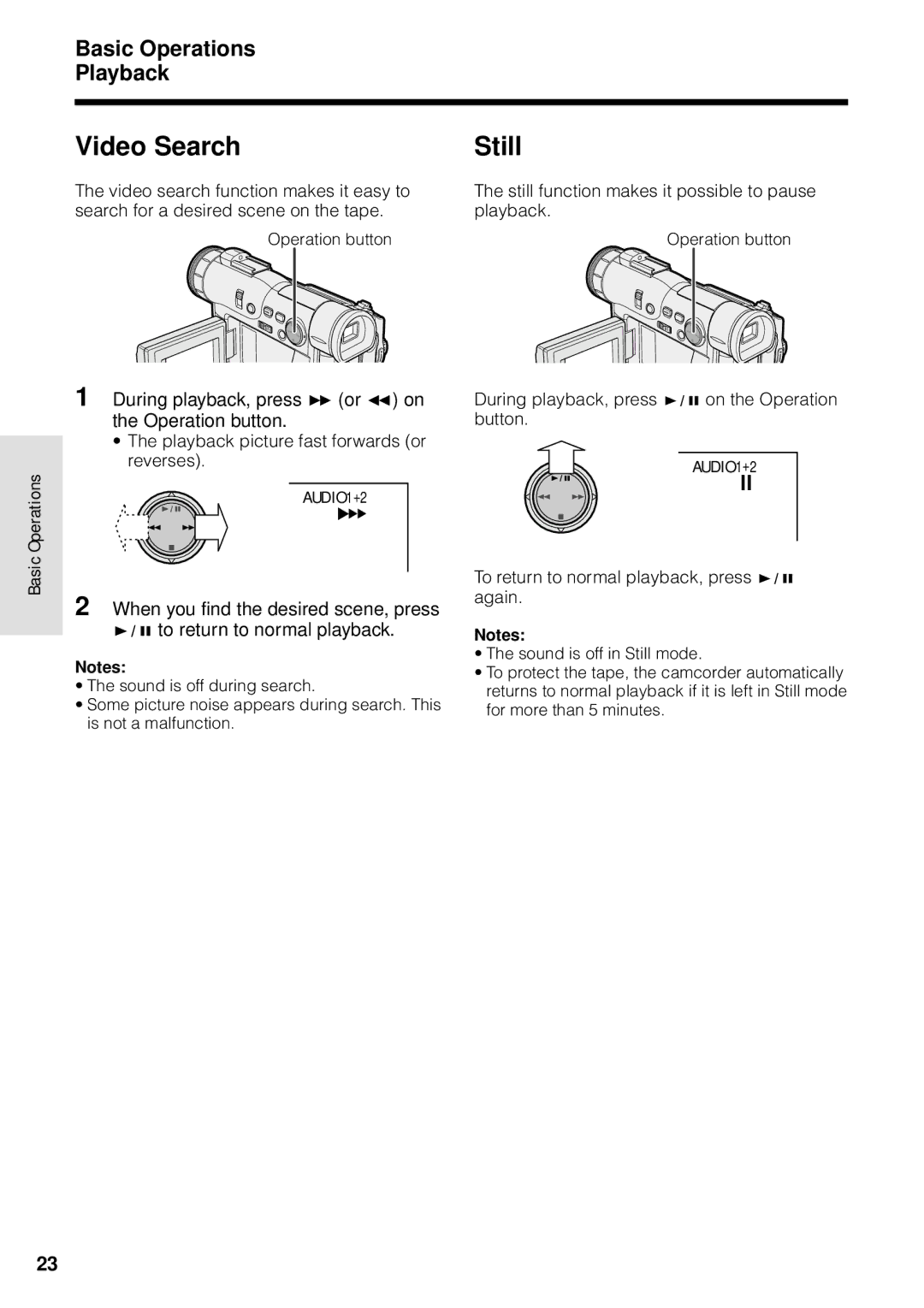 Sharp VL-WD250U operation manual Video Search, Still, Basic Operations Playback 