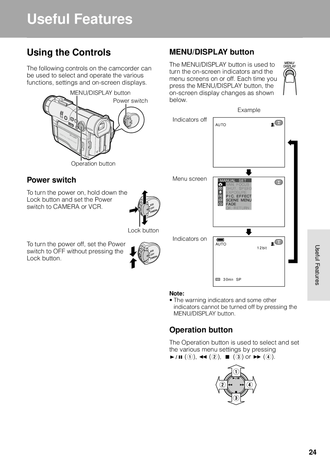 Sharp VL-WD250U operation manual Using the Controls, MENU/DISPLAY button, Power switch, Operation button 