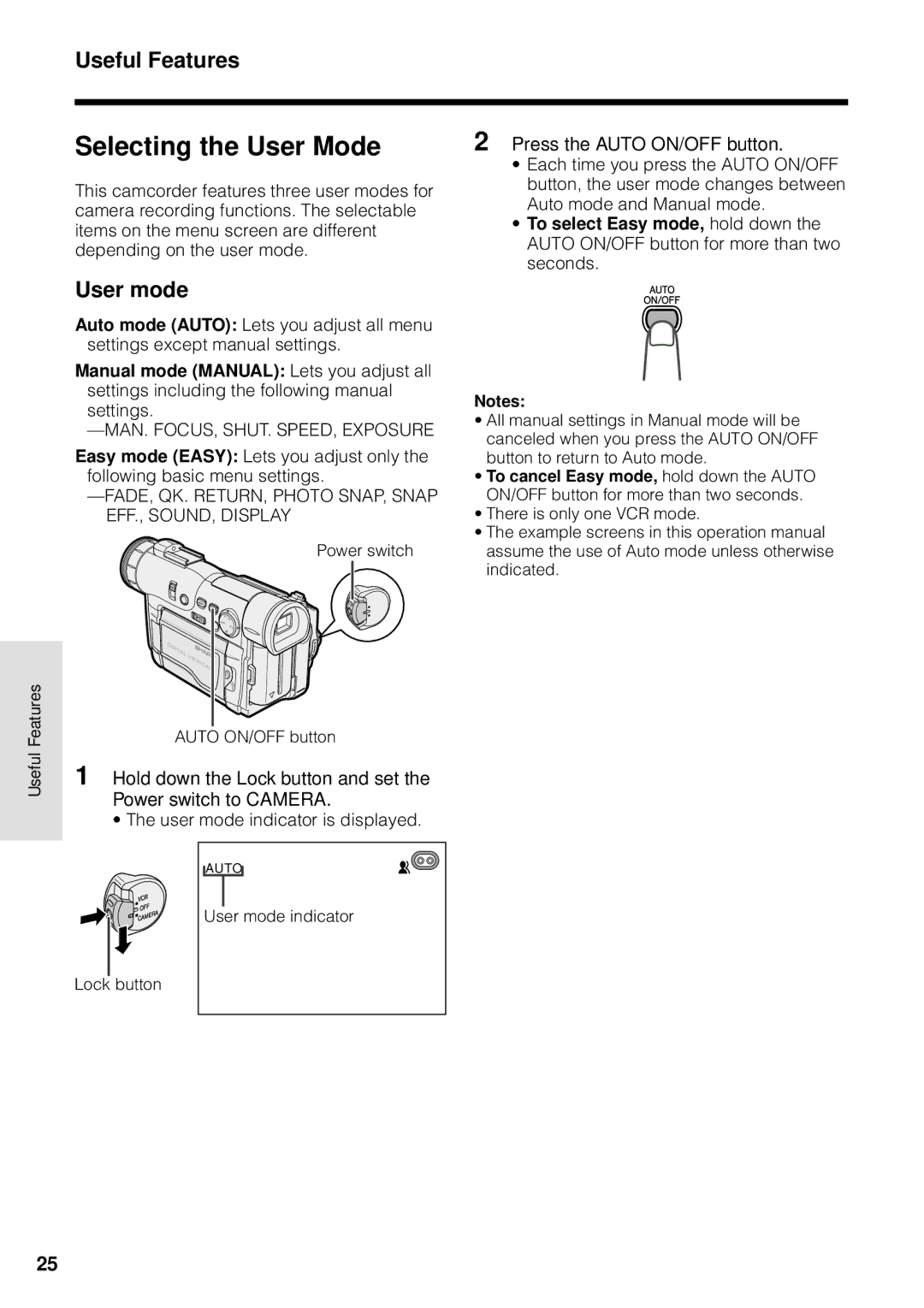 Sharp VL-WD250U operation manual Selecting the User Mode, Useful Features, User mode, To select Easy mode, hold down 